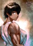  1girl berserk black_hair breasts brown_eyes casca_(berserk) covered_nipples dark_skin large_breasts looking_at_viewer muscular muscular_female rain scar short_hair signature sleeveless solo the_golden_smurf wet 