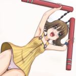  1girl armpits bare_shoulders blue_wristband brown_hair final_fantasy final_fantasy_viii light_blush looking_at_viewer medium_hair nunchaku open_mouth panties selphie_tilmitt simple_background smile solo t_jiroo_(ringofriend) underwear weapon white_background white_panties yellow_overalls 