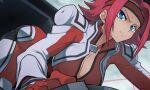 1girl bent_over blue_eyes bodysuit breasts cleavage closed_mouth cockpit code_geass commentary feet_out_of_frame flipped_hair from_below from_side glaring gloves hata4564 headband highres kallen_stadtfeld medium_breasts parted_bangs red_bodysuit red_gloves red_hair red_headband short_hair solo v-shaped_eyebrows 