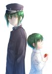  2boys ^_^ absurdres aged_down angel_beats! back-to-back black_headwear black_jacket blush child closed_eyes commentary_request green_hair happy hat highres jacket looking_back multiple_boys multiple_persona naoi_ayato open_mouth peaked_cap profile sad_smile school_uniform shirt short_hair simple_background smile upper_body white_background white_shirt zuzuhashi 