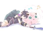  1boy angel angel_wings black_hair closed_eyes commentary_request crossover dark_pit green_eyes jigglypuff kid_icarus kid_icarus_uprising laurel_crown male_focus musical_note nopepe open_mouth pokemon pokemon_(creature) simple_background sleeping smile super_smash_bros. white_background wings 