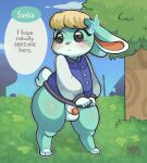  animal_crossing balls blush bottomless clothed clothing dialogue embarrassed english_text genitals hi_res lagomorph leporid lilbunpinky looking_back male mammal nintendo partially_clothed penis pulling_shirt pulling_shirt_down rabbit sasha_(animal_crossing) shirt solo text thick_thighs topwear worried 