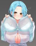  1girl artist_name blue_bra blue_hair bra bra_removed bra_visible_through_clothes breast_pocket breasts collared_shirt dress_shirt festa11307070 hand_up hands_on_own_chest holding holding_bra holding_clothes holding_underwear huge_breasts long_sleeves moira_(nijisanji) mole mole_under_mouth nijisanji partially_unbuttoned pocket presenting_bra shirt short_hair simple_background solo underwear upper_body white_shirt yellow_eyes 