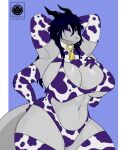  3_fingers 4_arms animal_print animal_print_bikini anthro big_breasts bikini black_horn black_sclera blue_hair breasts clothing collar cow_costume cow_print cow_print_armwear cow_print_bikini cow_print_thighhighs cowbell curvy_figure devyshirehell dragon eye_markings female fingers gills grey_body grey_scales hair hand_on_breast hand_on_butt hand_on_hip hands_behind_head hi_res horn looking_at_viewer markings multi_arm multi_limb non-mammal_breasts pattern_bikini pattern_clothing pattern_swimwear peridoc pose reptile scales scalie smile solo swimwear tail thick_thighs unusual_anatomy voluptuous voluptuous_female wide_hips 