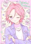  1boy blush character_name closed_mouth crossed_arms ensemble_stars! happypuppy_guu heart highres jacket jewelry long_sleeves male_focus multiple_hairpins necklace one_eye_closed oukawa_kohaku pink_background pink_hair purple_eyes purple_jacket shirt short_hair smile solo star_(symbol) stuffed_animal stuffed_cat stuffed_toy white_shirt yellow_background 
