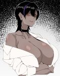  1girl alex_(cero_rains) arms_under_breasts black_hair blue_hair breasts cero_rains choker cleavage collar collared_shirt commentary earrings english_commentary highres huge_breasts jewelry looking_at_viewer medium_hair mole mole_on_armpit multicolored_hair off_shoulder orange_eyes original shirt solo spiked_choker spikes two-tone_hair upper_body 