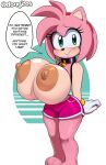  amy_rose anthro areola big_breasts blush bottomwear breasts clothing collar dongitos ellipsis english_text eulipotyphlan exposed_breasts female gloves green_eyes hair handwear hedgehog hi_res huge_breasts ineffective_clothing looking_at_viewer mammal multicolored_body nipples pink_hair question_mark sega shirt shorts solo sonic_the_hedgehog_(series) speech_bubble tan_areola tan_nipples text topwear two_tone_body 