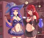  2girls adapted_costume bat_wings bikini black_bikini blunt_bangs book breasts cleavage commentary crescent crescent_hat_ornament cup english_commentary hat hat_ornament head_wings highres holding holding_book holding_teapot koakuma large_breasts long_hair looking_at_viewer multiple_girls multiple_wings patchouli_knowledge pointy_ears profitshame purple_bikini purple_eyes purple_hair purple_headwear red_eyes swimsuit teacup teapot touhou wings witch_hat 