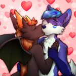  &lt;3 anthro blue_body blue_fur canid canine canis chest_fur dragon eyes_closed fur hair happy hi_res horn itsflamb_(character) jebbthefoxy kissing love love_handles male male/male mammal purple_body purple_fur solo white_body white_fur wings wolf 