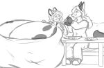  2023 anthro big_breasts biped black_and_white bra breasts canid canine clothed clothing duo female food footwear fox hanazawa huge_breasts hyper hyper_breasts male mammal monochrome shoes sitting underwear 