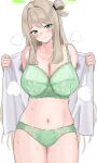  1girl blue_archive blush bra breasts brown_hair closed_mouth green_bra green_eyes green_halo green_panties halo highres large_breasts long_hair looking_at_viewer navel nonomi_(blue_archive) open_clothes open_shirt panties shirt simple_background solo standing sweat thighs tsumayouji_(tumayog) underwear white_background white_shirt 