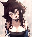  1girl :3 absurdres bandaid bandaid_on_face bandaid_on_nose bare_shoulders black_choker black_shirt blurry blurry_background blush breasts brown_hair choker cleavage collarbone fang head_tilt heart heart_choker highres large_breasts leaning_forward long_hair looking_at_viewer messy_hair off-shoulder_shirt off_shoulder open_mouth original pointing shirt sidelocks skin_fang sky_above_me smile solo strapless tube_top upper_body very_long_hair yellow_eyes 