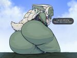  anthro big_butt blue_eyes borisalien bottomless butt clothed clothing ear_piercing english_text grey_body grey_hair hair hi_res huge_butt inner_ear_fluff looking_at_viewer looking_back male nintendo piercing rauru_(tears_of_the_kingdom) smile solo speech_bubble tears_of_the_kingdom text the_legend_of_zelda thick_thighs topwear tuft zonai 