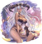  1girl absurdres dark_skin demon_horns eyewear_on_head fangs fediel_(granblue_fantasy) granblue_fantasy highres honkivampy horns long_hair looking_at_viewer pointy_ears round_eyewear sitting swimsuit white_hair 