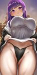  1girl absurdres ass_visible_through_thighs black_coat black_panties blunt_bangs breasts buttons coat dress fern_(sousou_no_frieren) groin highres large_breasts lds_(dstwins97) lifted_by_self long_coat long_dress long_hair looking_at_viewer outdoors panties purple_eyes purple_hair sidelocks solo sousou_no_frieren straight_hair thighs underwear white_dress 