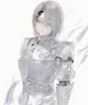 1boy absurdres androgynous armor arms_at_sides bleeding_from_forehead blood blood_on_face blue_eyes breastplate dion_lesage empty_eyes expressionless final_fantasy final_fantasy_xvi gauntlets grey_hair grey_theme highres injury limited_palette looking_at_viewer male_focus parted_lips pauldrons qiqiqiqi short_hair shoulder_armor simple_background solo standing swept_bangs upper_body white_background 