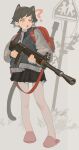  1girl ? absurdres animal_ears backpack bag battle_rifle blue_jacket cat_ears cat_girl cat_tail explosive fn_fal grenade gun highres jacket open_mouth original pleated_skirt polilla rifle school_crossing_sign skirt solo stick_grenade tail weapon 