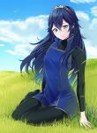  1girl ameno_(a_meno0) black_sweater blue_eyes blue_hair blue_sky closed_mouth cloud day fire_emblem fire_emblem_awakening grass hair_between_eyes long_hair long_sleeves looking_at_viewer lucina_(fire_emblem) no_shoes outdoors ribbed_sweater sitting sky smile solo sweater tiara turtleneck turtleneck_sweater 