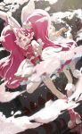  1girl absurdres boots bow cake cake_hair_ornament choker clenched_hand cream cure_whip earrings extra_ears food food-themed_hair_ornament food-themed_ornament gloves hair_ornament highres jewelry kirakira_precure_a_la_mode long_hair magical_girl one_eye_closed pink_bow pink_choker pink_corset pink_eyes pink_footwear pink_hair pom_pom_(clothes) pom_pom_earrings pouch precure solo standing standing_on_one_leg strawberry_shortcake swept_bangs takahashi_hizumi usami_ichika white_gloves 