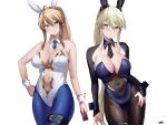  2girls ahoge animal_ears artoria_pendragon_(fate) artoria_pendragon_(lancer_alter)_(fate) artoria_pendragon_(swimsuit_ruler)_(fate) bangs bare_shoulders blonde_hair blue_leotard blue_pantyhose blush braid breasts brown_pantyhose cleavage clothing_cutout covered_navel detached_collar detached_sleeves fate/grand_order fate_(series) fishnet_pantyhose fishnets french_braid gold_trim green_eyes hair_between_eyes highleg highleg_leotard highres kurozawa_yui large_breasts leotard long_hair long_sleeves looking_at_viewer multiple_girls navel navel_cutout necktie pantyhose playboy_bunny ponytail rabbit_ears sidelocks smile thighs tiara white_leotard wrist_cuffs yellow_eyes 
