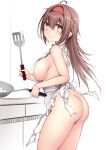  1girl absurdres alternate_hair_length alternate_hairstyle apron areola_slip blush breasts brown_hair cooking egg_(food) food frilled_apron frills hair_between_eyes hairband highres holding holding_spatula kantai_collection kuromayu large_breasts long_hair looking_at_viewer naked_apron red_hairband shiratsuyu_(kancolle) shiratsuyu_kai_ni_(kancolle) sideboob simple_background smile solo spatula white_apron white_background 