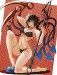  1girl :d arm_strap arm_up asymmetrical_wings bad_anatomy bare_shoulders barefoot bikini black_bikini black_hair black_nails blue_wings breasts cleavage collarbone commentary english_commentary feet fingernails hair_between_eyes halterneck hand_up highleg highleg_bikini highres houjuu_nue legs long_fingernails looking_at_viewer medium_breasts multi-strapped_bikini multiple_straps nail_polish navel open_mouth polearm red_eyes red_nails red_wings seigaiha sharp_fingernails sharp_teeth short_hair smile snake solo stomach string_bikini swimsuit teeth thigh_strap toenail_polish toenails toes tomatolover16 touhou very_long_fingernails weapon wings 