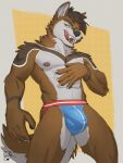  3:4 5_fingers anthro brown_body brown_fur bulge canid canine canis claws clothed clothing countershade_face countershade_fur countershade_tail countershade_torso countershading fangs fingers fur genital_outline hi_res inner_ear_fluff jockstrap jockstrap_only lion21 looking_at_viewer male mammal open_mouth open_smile penis_outline smile smiling_at_viewer solo tail teeth tongue tongue_out topless tuft underwear underwear_only wolf 