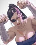  1girl artist_name bandages bare_shoulders black_hair breasts cleavage closed_mouth collarbone english_text eyepatch fighting_stance frown genderswap genderswap_(mtf) large_breasts long_hair looking_at_viewer muay_thai ponytail red_lips sagat scar scar_on_chest scar_on_face scar_on_forehead simple_background solo street_fighter wandzardeen 