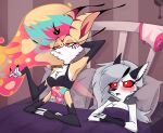  akuma_nemui anthro bed blush bodily_fluids bra breasts canid canid_demon canine canis clothing demon duo female female/female fox furniture hellhound helluva_boss hi_res long_ears loona_(helluva_boss) mammal queen_bee-lzebub_(helluva_boss) smoking sweat underwear wolf 