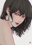  1boy bishounen black_eyes black_hair closed_mouth from_behind hair_between_eyes highres kagoya1219 looking_at_viewer looking_back male_focus medium_hair original signature simple_background solo topless_male upper_body white_background 