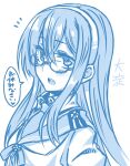  1girl blue_theme character_name commentary_request epaulettes glasses hairband highres kantai_collection looking_at_viewer monochrome necktie notice_lines ooyodo_(kancolle) ototachibana_rai school_uniform serafuku solo translation_request upper_body 