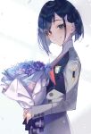  1girl absurdres asymmetrical_bangs black_jacket blue_flower blue_hair bob_cut bouquet breasts closed_mouth commentary darling_in_the_franxx eyelashes falling_petals flower from_side green_eyes grey_jacket grey_skirt hair_ornament hair_over_one_eye hairclip highres holding holding_bouquet ichigo_(darling_in_the_franxx) jacket light_particles long_sleeves looking_at_viewer looking_to_the_side military_uniform multicolored_clothes multicolored_jacket own_hands_together petals purple_flower raised_eyebrows short_hair simple_background skirt small_breasts smile solo standing tsukudani_(ore624) two-tone_jacket uniform upper_body white_background 