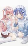  2girls :o apron bent_v blue_eyes blue_hair blue_jacket bocchi_the_rock! commentary cross_hair_ornament cube_hair_ornament double_v feet_out_of_frame frilled_apron frilled_thighhighs frills gotoh_hitori gotoh_hitori_(octopus) hair_between_eyes hair_ornament hands_up heart heart_hair_ornament highres jacket jersey_maid kneehighs long_hair long_sleeves looking_at_another looking_at_viewer maid maid_apron maid_headdress multiple_girls nervous_smile okome_0310 open_mouth pink_hair pink_jacket short_hair simple_background sitting smile socks squatting thighhighs track_jacket unconventional_maid v white_apron white_background white_socks white_thighhighs x_hair_ornament yamada_ryo yellow_eyes 