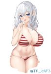  1girl bikini blue_eyes breasts cleavage cropped_legs grey_hair kantai_collection kashima_(kancolle) large_breasts long_hair lowleg lowleg_bikini one-hour_drawing_challenge red_bikini sidelocks simple_background solo striped striped_bikini swimsuit tf_cafe twintails twitter_username wavy_hair white_background 