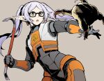  1girl armor commentary_request cowboy_shot crossover crowbar earrings elf frieren glasses gordon_freeman green_eyes grey_background grey_hair hagure_keg half-life_(series) half-life_2 headcrab holding_crowbar jewelry open_mouth pointy_ears simple_background solo sousou_no_frieren teeth tongue twintails 