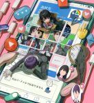  ... 1boy 1girl absurdres bandaged_hand bandages black_hair blazer blunt_bangs bow bowtie cable can captcha close-up drinking_straw drinking_straw_in_mouth envelope faceless fine_art_parody heart highres holding holding_phone ikuta41 jacket kenmochi_touya logo long_hair marshmallow_(site) middle_finger nazono_mito necktie nijisanji openai parody phone pink_nails play_button purple_hair red_bow red_bowtie red_necktie safari_(browser) school_uniform short_hair spoken_ellipsis the_persistence_of_memory through_screen tsukino_mito virtual_youtuber 