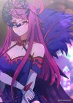  1girl bare_shoulders breasts cleavage dfhnokenbutu dress elbow_gloves expressionless fascinator fire_emblem fire_emblem_engage flower gloves highres ivy_(fire_emblem) jewelry large_breasts long_hair looking_at_viewer mole mole_under_mouth purple_eyes purple_hair rose solo white_gloves 