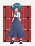  1girl alternate_costume black_footwear black_skirt blue_ribbon blush border bright_pupils buttons closed_mouth collared_shirt commentary_request freckles full_body hairband lana_(pokemon) long_sleeves mizu_majuu_(waterman10) neck_ribbon no_sclera outline plaid plaid_background pokemon pokemon_(game) pokemon_sm ribbon shirt shoes short_hair skirt smile socks solo split_mouth standing white_border white_pupils white_shirt white_socks yellow_hairband 