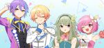  2boys 2girls blonde_hair butterfly_hair_ornament closed_eyes closed_mouth collared_shirt dress green_hair hair_ornament hair_ribbon hairband hand_on_own_chin imoko_(imo_ss) kamishiro_rui kusanagi_nene long_sleeves looking_at_another multiple_boys multiple_girls one_eye_closed ootori_emu open_mouth pink_eyes pink_hair project_sekai purple_eyes purple_hair ribbon shirt short_hair short_sleeves smile tenma_tsukasa triangle_background upper_body yellow_eyes yellow_ribbon 