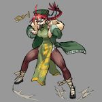  1girl alternate_costume alternate_hairstyle blue_eyes braid china_dress chinese_clothes dress fighting_stance full_body fur-trimmed_jacket fur_trim glasses green_dress green_headwear grey_background highres hong_meiling jacket kaibootsu looking_at_viewer red_hair solo standing touhou 