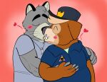  &lt;3 2023 anthro beargarbage belly blush brok_the_investigator canid canine clothing domestic_cat duo eyes_closed felid feline felis fur graff_filsh grey_body grey_fur hat headgear headwear humanoid_hands kissing male male/male mammal ott_(brok_the_investigator) shirt simple_background slightly_chubby suid suina topwear tusks warthog 