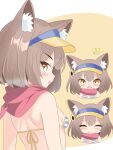  1girl absurdres animal_ear_fluff animal_ears bikini bikini_top_only blue_archive blush breasts brown_hair flower fox_ears fox_girl hair_between_eyes hair_flower hair_ornament highres izuna_(blue_archive) izuna_(swimsuit)_(blue_archive) multiple_others ochazuke_(artist) short_hair small_breasts striped striped_bikini sunflower sunflower_hair_ornament swimsuit visor_cap yellow_eyes 