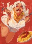  1girl @_@ copyright_request food fork highres holding holding_fork holding_spoon khyle. licking_lips long_hair noodles open_mouth pasta plate red_background red_eyes sauce see-through shirt solo spaghetti spoon tongue tongue_out white_hair white_shirt 