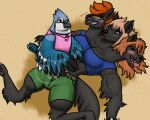  2019 anthro avian belt big_breasts bird black_body black_fur blue_eyes blue_jay blush bojan_darkbeak bottomwear bracelet breasts canid canine canis cerbelle_trimaktikos cerberus claws clothing collarbone corvid crop_top domestic_dog dress_shirt duo ear_piercing ear_scar european_mythology eye_contact eyes_closed facial_markings feathers female feral fluffy fluffy_arms fluffy_ears fluffy_legs fluffy_tail fur greek_mythology growling hair head_markings hi_res jay_(bird) jewelry larger_female lips looking_at_another lying male male/female mammal markings multi_head multicolored_body muscular muscular_anthro muscular_female mythology new_world_jay on_back open_mouth orange_hair oscine passerine pawpads paws piercing pink_clothing pink_shirt pink_topwear pleased pleased_expression pursed_lips romantic romantic_couple scar shirt shorts simple_background sitting size_difference skywater smaller_male smile spiked_bracelet spikes spread_legs spreading tail tail_feathers tail_markings text thick_thighs tongue tongue_out topwear wavy_hair whiskers wide_hips wing_markings wings wings_on_belly 