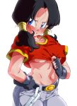  1girl belt black_hair blue_eyes blush breasts closed_mouth cosplay denim dragon_ball dragon_ball_gt dragon_ball_z fingerless_gloves gloves jeans long_hair looking_at_viewer midriff navel pan_(dragon_ball) pants rom_(20) shirt simple_background solo twintails underboob videl white_background 