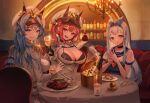  3girls absurdres alcohol anchor_(nikke) blue_eyes blue_hair breasts cleft_of_venus commentary cup english_commentary epaulettes food fork glass goddess_of_victory:_nikke hat helm_(nikke) highres holding holding_cup holding_fork indoors large_breasts long_hair looking_at_viewer mast_(nikke) military_hat multiple_girls red_eyes red_hair sitting steak white_hair white_headwear wine zerocat 