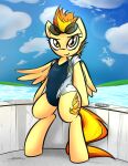  2016 absurd_res bipedal_feral clothed clothing cloud cutie_mark digital_drawing_(artwork) digital_media_(artwork) equid equine eyewear eyewear_on_head female feral friendship_is_magic full-length_portrait hair hasbro hi_res jetwave leaning looking_at_viewer mammal my_little_pony on_hind_legs one-piece_swimsuit open_clothing open_shirt open_topwear orange_eyes outside pegasus poolside portrait shirt sky solo spitfire_(mlp) sunglasses sunglasses_on_head swimming_pool swimwear tail topwear water wings wonderbolts_(mlp) yellow_body 