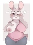  &lt;3 2023 anotherbearsimp anthro areola biped blush bonnie_hopps border breasts disney female front_view grey_body hi_res lagomorph leporid looking_at_viewer mammal nipples purple_eyes rabbit solo tongue tongue_out white_body white_border zootopia 