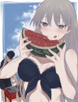  1girl 2boys :q angelica_(library_of_ruina) argalia_(library_of_ruina) bikini black_bikini black_hair black_mask black_shirt black_shorts blue_eyes blue_sky blush border closed_eyes cloud cloudy_sky cooking dainatsu eating food food_on_face fruit grey_hair grill grilling hair_between_eyes highres holding holding_food holding_fruit holding_tongs library_of_ruina long_hair mask multiple_boys outdoors outside_border project_moon roland_(library_of_ruina) shirt short_hair shorts sky smile solo_focus swimsuit tongs tongue tongue_out topless_male v watermelon white_border 