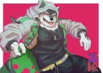  anthro black_and_white_fur canid canine canis clothing domestic_dog green_eyes hi_res hoodie husky lifewonders live_a_hero long_coat male mammal monomasa muscular muscular_anthro muscular_male nordic_sled_dog pecs red_sclera shirt solo spitz tank_top topwear zarukuru 